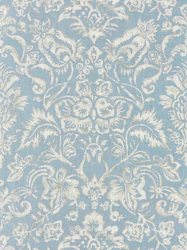 Scalamandre Mansfield Damask Print Bluestone & Silver Fabric