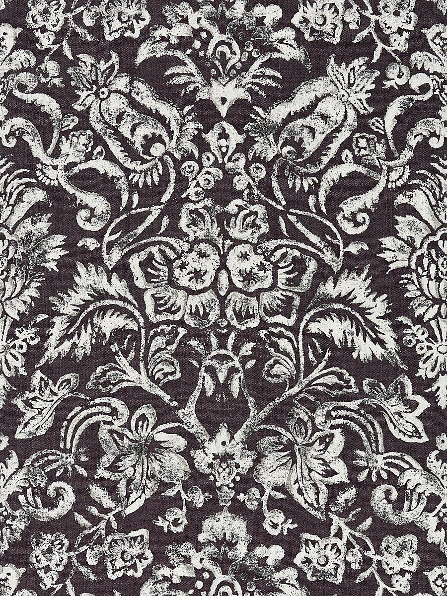 Scalamandre Mansfield Damask Print Graphite & Silver Fabric