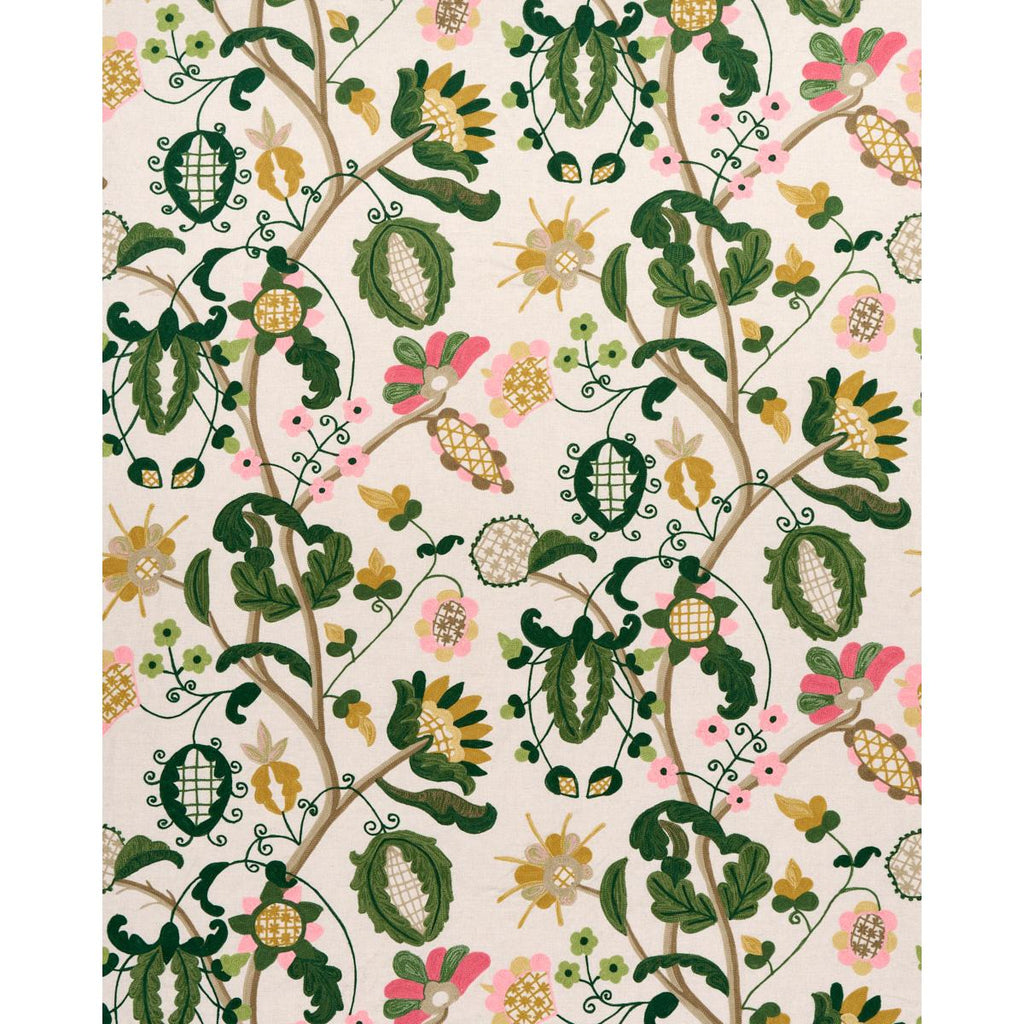 Schumacher Mandevilla Embroidery Pink & Green Fabric
