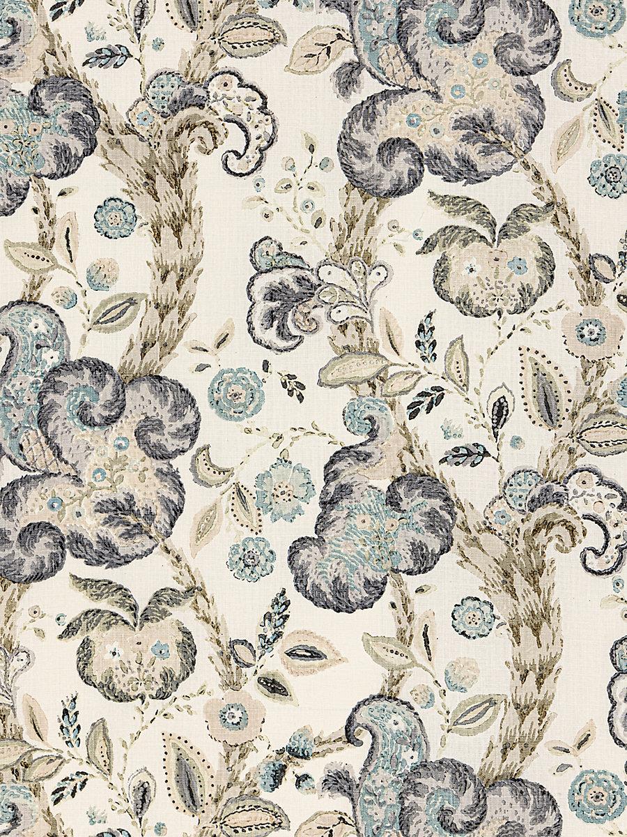 Scalamandre Cumbria Hand Block Print Smoke On Ivory Fabric