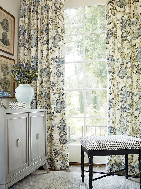 Scalamandre Cumbria Hand Block Print Smoke On Ivory Fabric