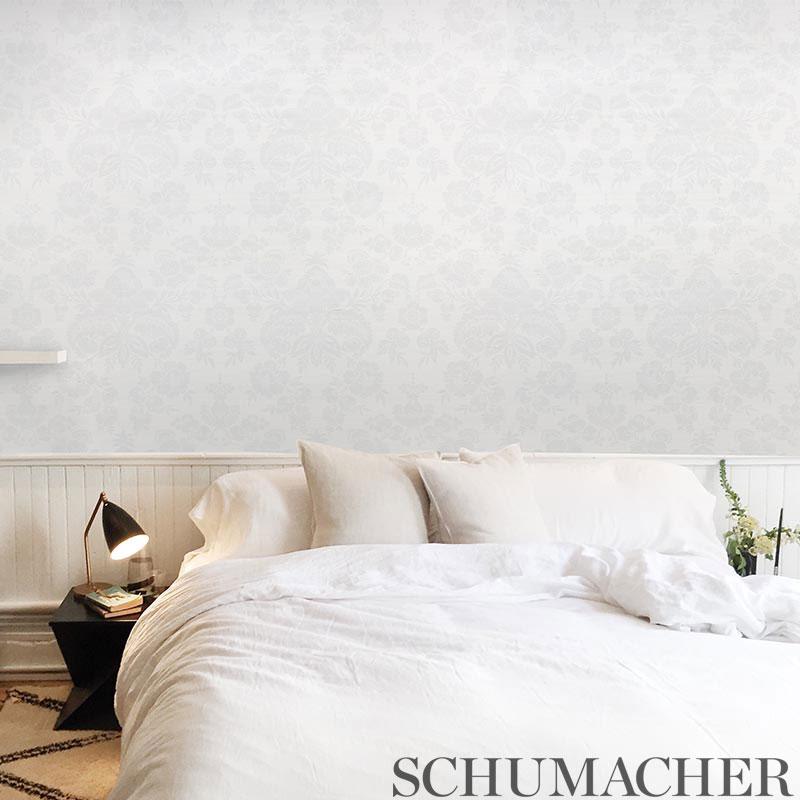 Schumacher Simone Damask Grasscloth Silver Wallpaper