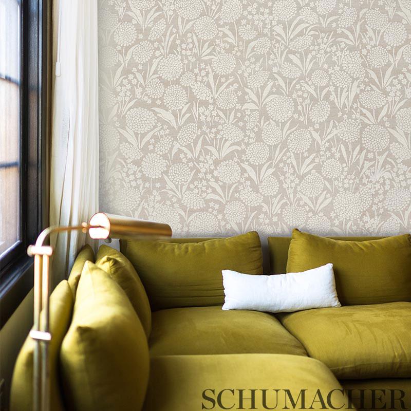 Schumacher Chrysanthemum Hemp Shimmer Moonstone Wallpaper