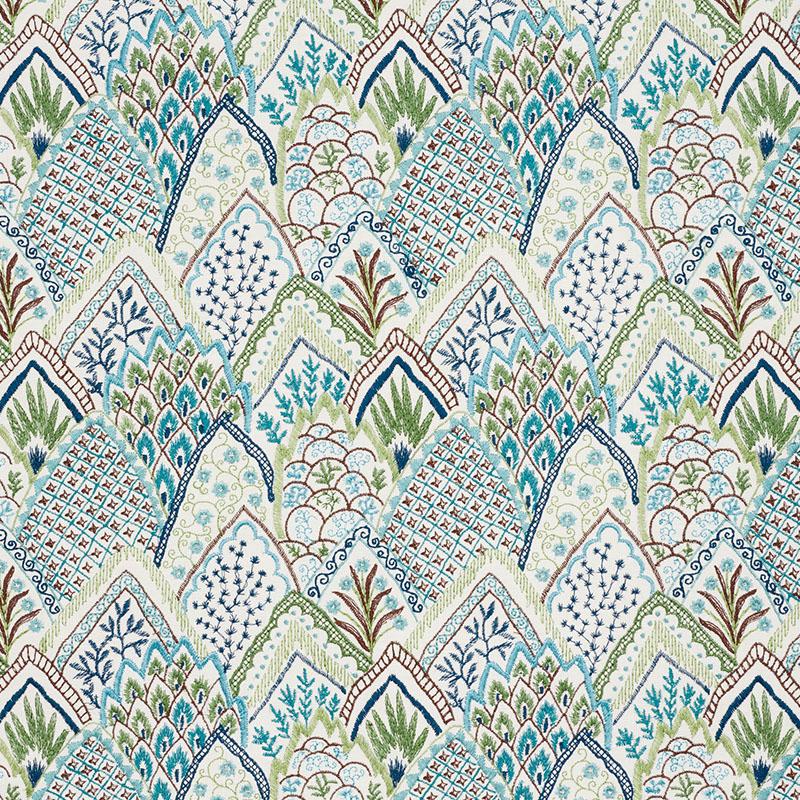 Schumacher Albizia Embroidery Blue & Green Fabric