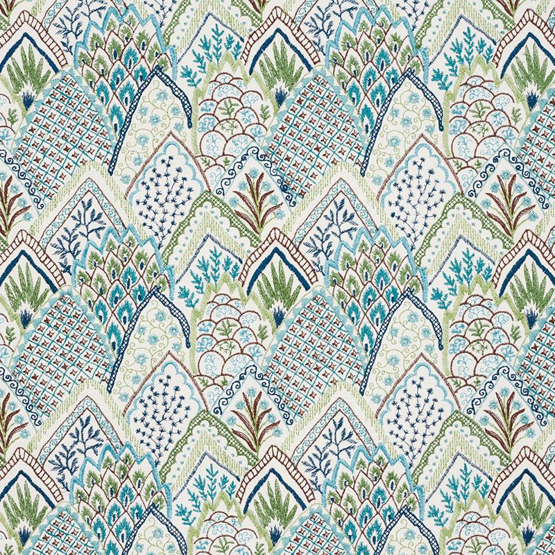 Schumacher Albizia Embroidery Blue & Green Fabric