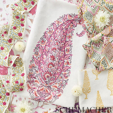 Schumacher Albizia Embroidery Pink & Leaf Fabric