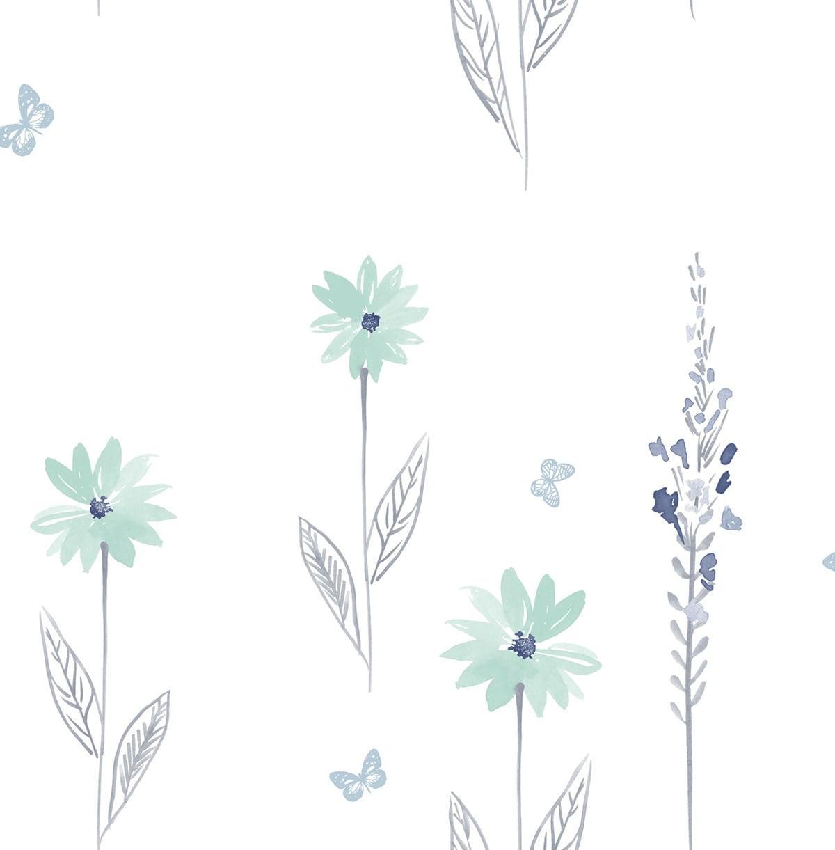 Seabrook Daisy Field Teal and Gray Wallpaper