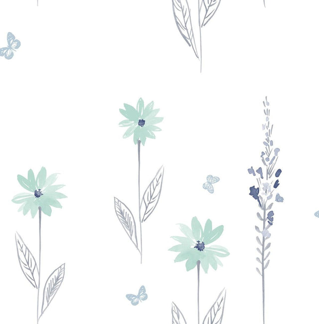 Seabrook Daisy Field Teal and Gray Wallpaper