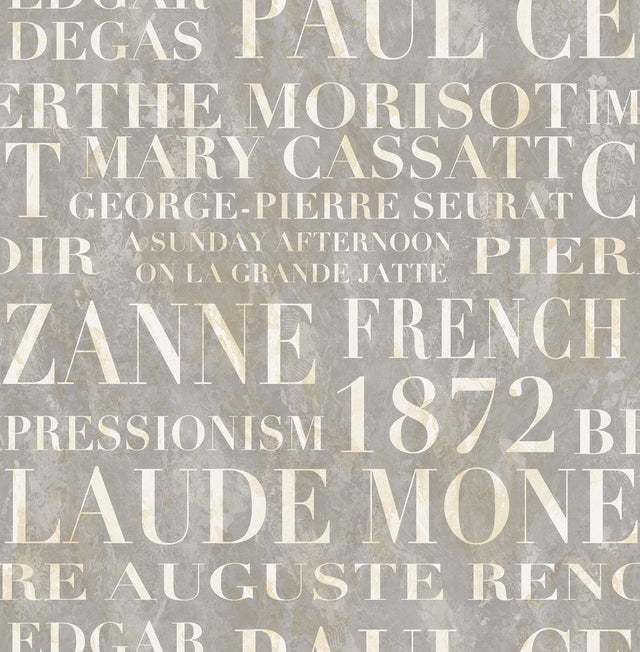 Seabrook Script Metallic Ivory and Metallic Grey Wallpaper