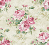 Seabrook Rose Bouquet Metallic Ivory, Blush, and Forest Green Wallpaper