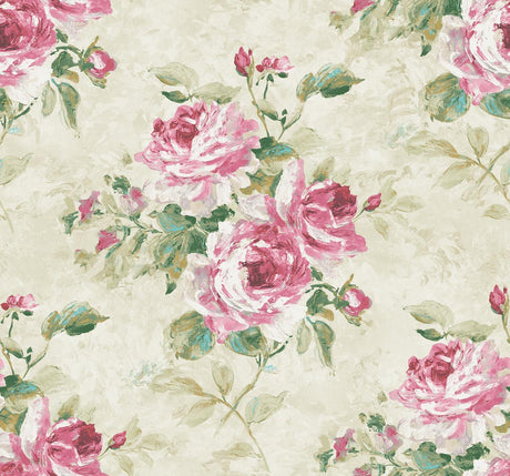 Seabrook Rose Bouquet Metallic Ivory, Blush, and Forest Green Wallpaper