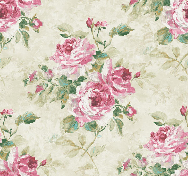 Seabrook Rose Bouquet Metallic Ivory, Blush, and Forest Green Wallpaper
