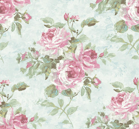 Seabrook Rose Bouquet Metallic Blue and Rose Wallpaper