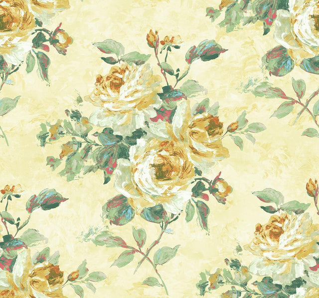 Seabrook Rose Bouquet Metallic White, Gold, and Green Wallpaper