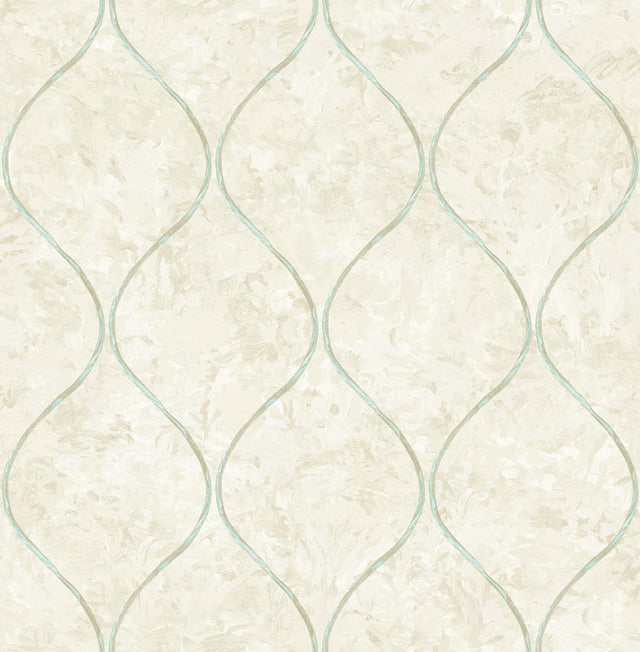 Seabrook Ogee Metallic Teal and Greige Wallpaper