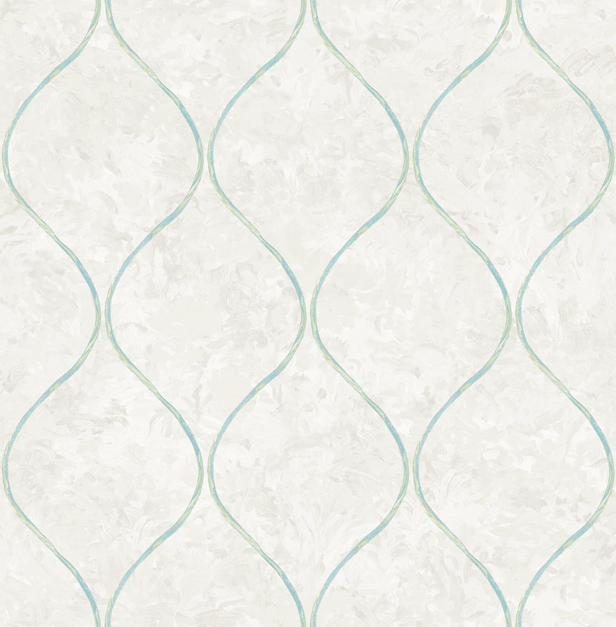 Seabrook Ogee Grey, Aqua, and Metallic Gold Wallpaper