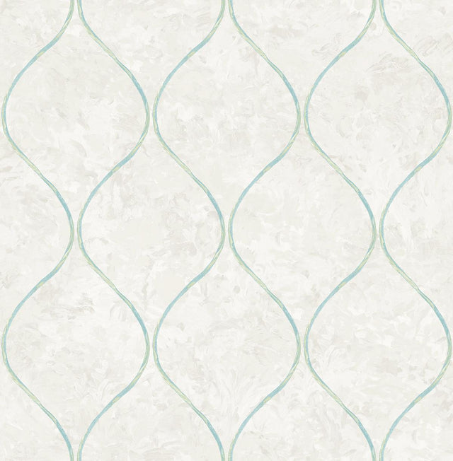 Seabrook Ogee Grey, Aqua, and Metallic Gold Wallpaper