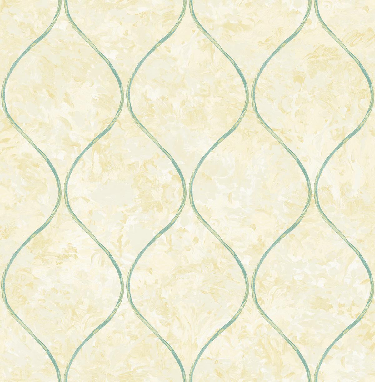 Seabrook Ogee Tan, Metallic Gold, and Turquoise Wallpaper