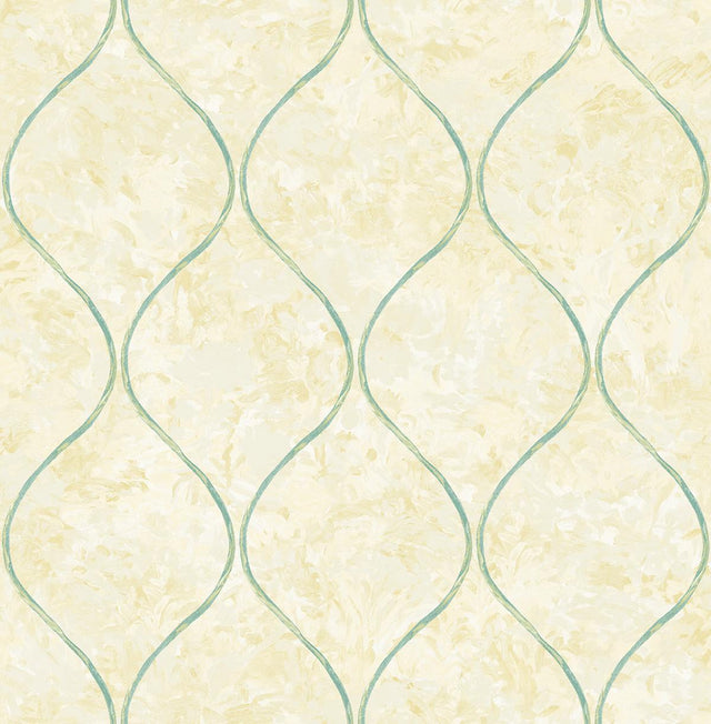 Seabrook Ogee Tan, Metallic Gold, and Turquoise Wallpaper