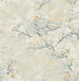 Seabrook Cherry Blossoms Metallic Champagne, White, and Sky Blue Wallpaper