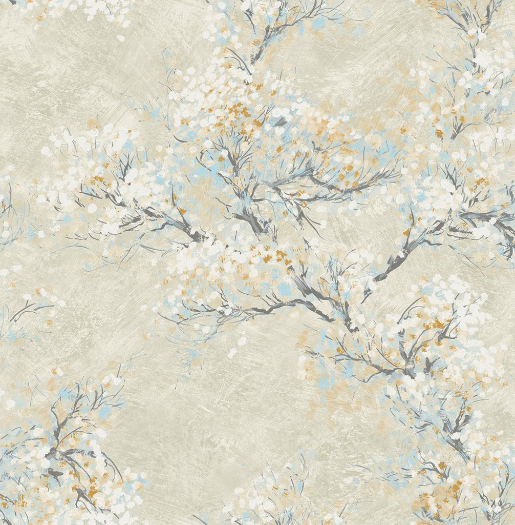 Seabrook Cherry Blossoms Metallic Champagne, White, and Sky Blue Wallpaper