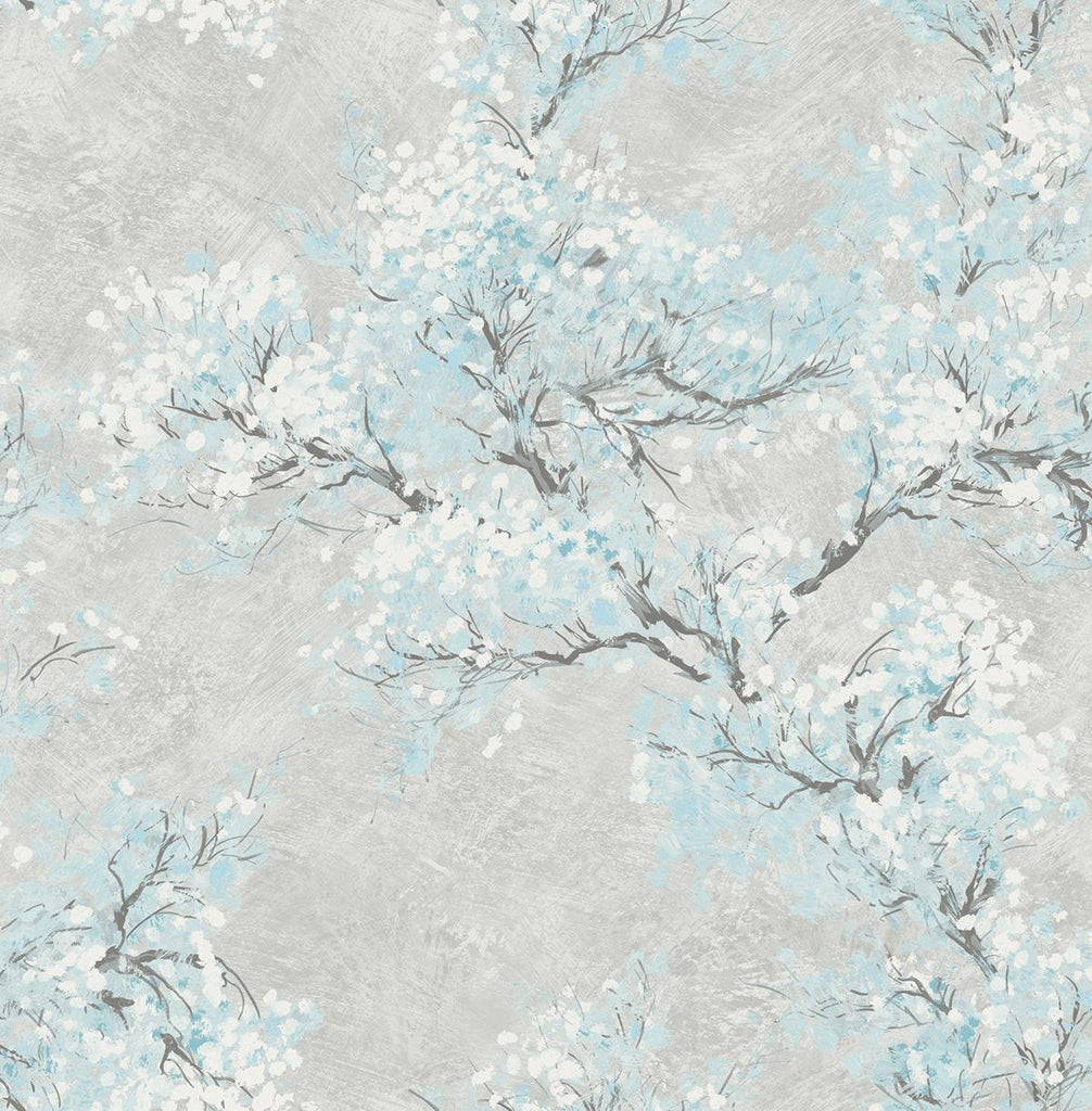 Seabrook Cherry Blossoms Metallic Silver and Sky Blue Wallpaper