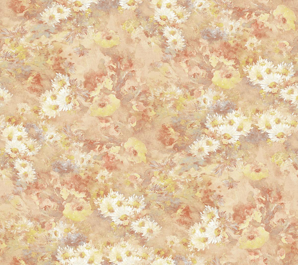 Seabrook Daisy Metallic, Rust, and Cream Wallpaper