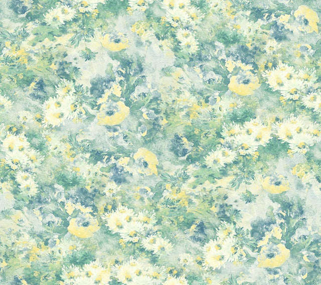 Seabrook Daisy Metallic Ivory, Yellow, and Teal Wallpaper
