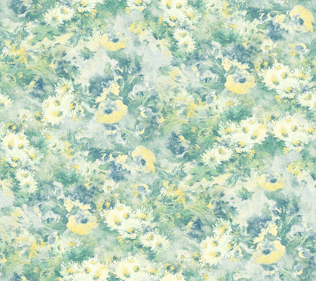 Seabrook Daisy Metallic Ivory, Yellow, and Teal Wallpaper