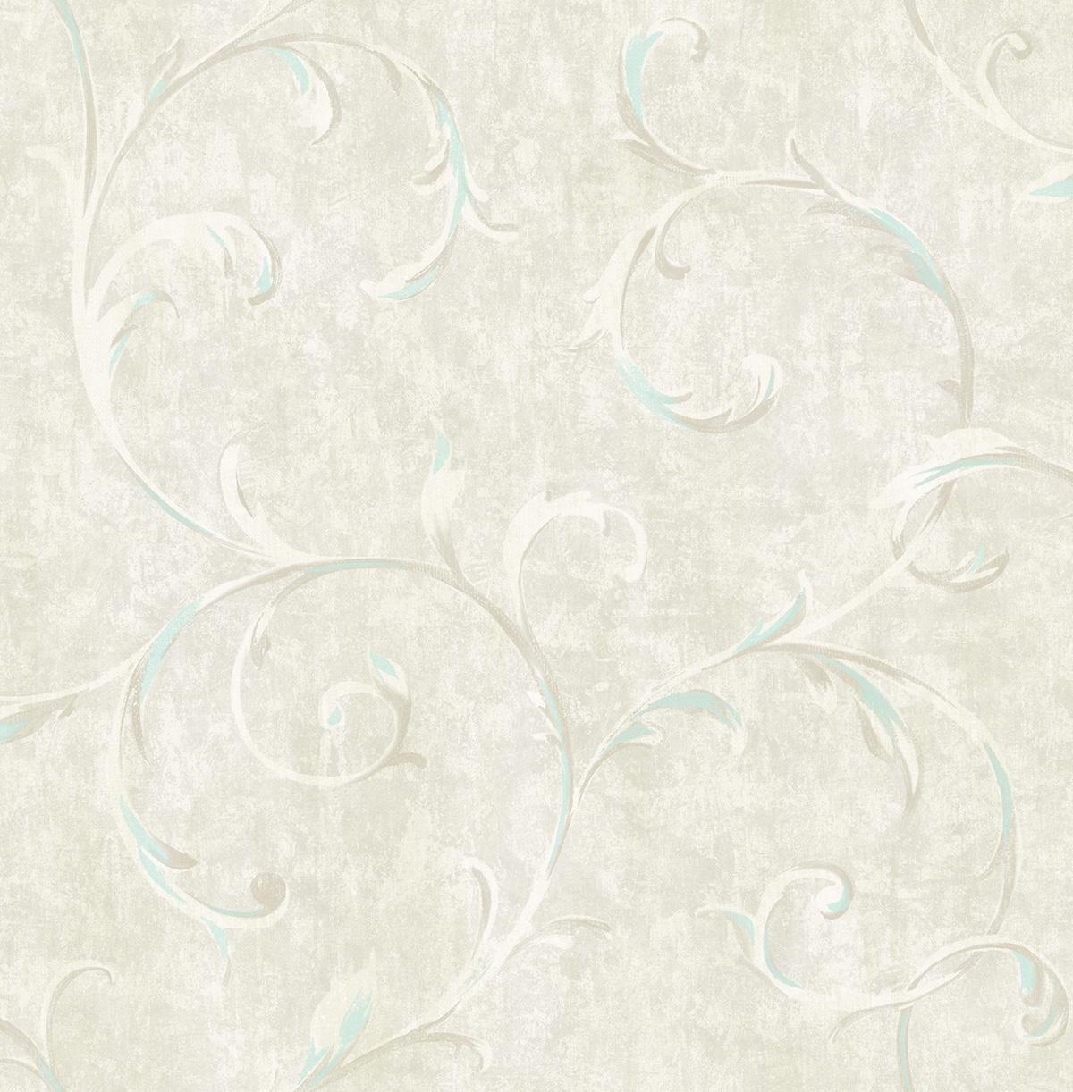 Seabrook Scroll Metallic Baby Blue and Grey Wallpaper