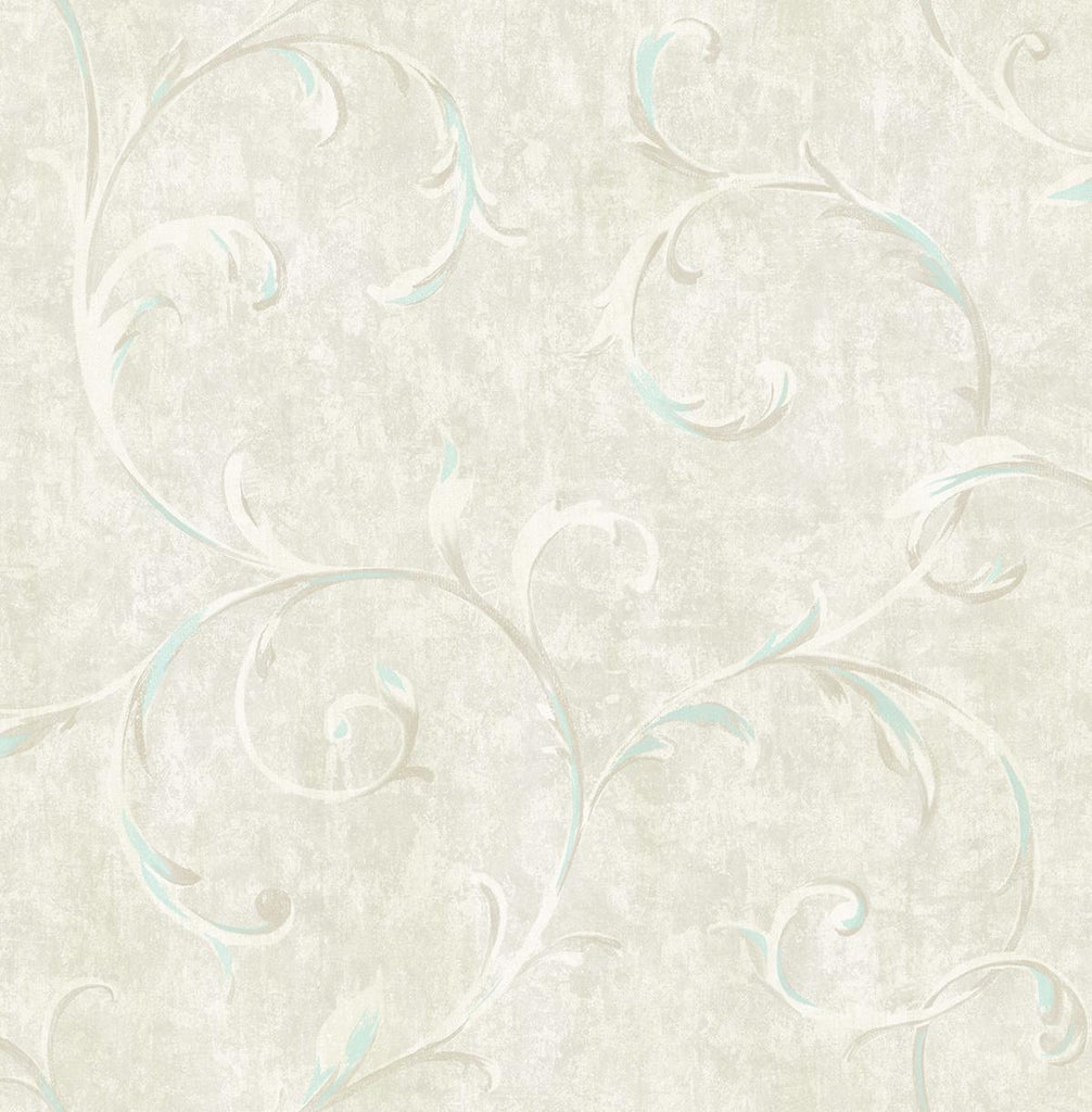 Seabrook Scroll Metallic Baby Blue and Grey Wallpaper
