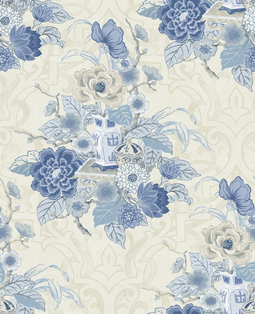 Seabrook Dynasty Floral Metallic Linen and Blue Wallpaper