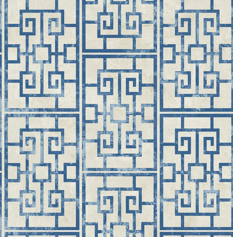 Seabrook Dynasty Lattice Metallic Pearl and Azure Blue Wallpaper
