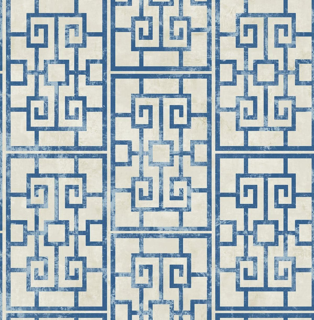 Seabrook Dynasty Lattice Metallic Pearl and Azure Blue Wallpaper