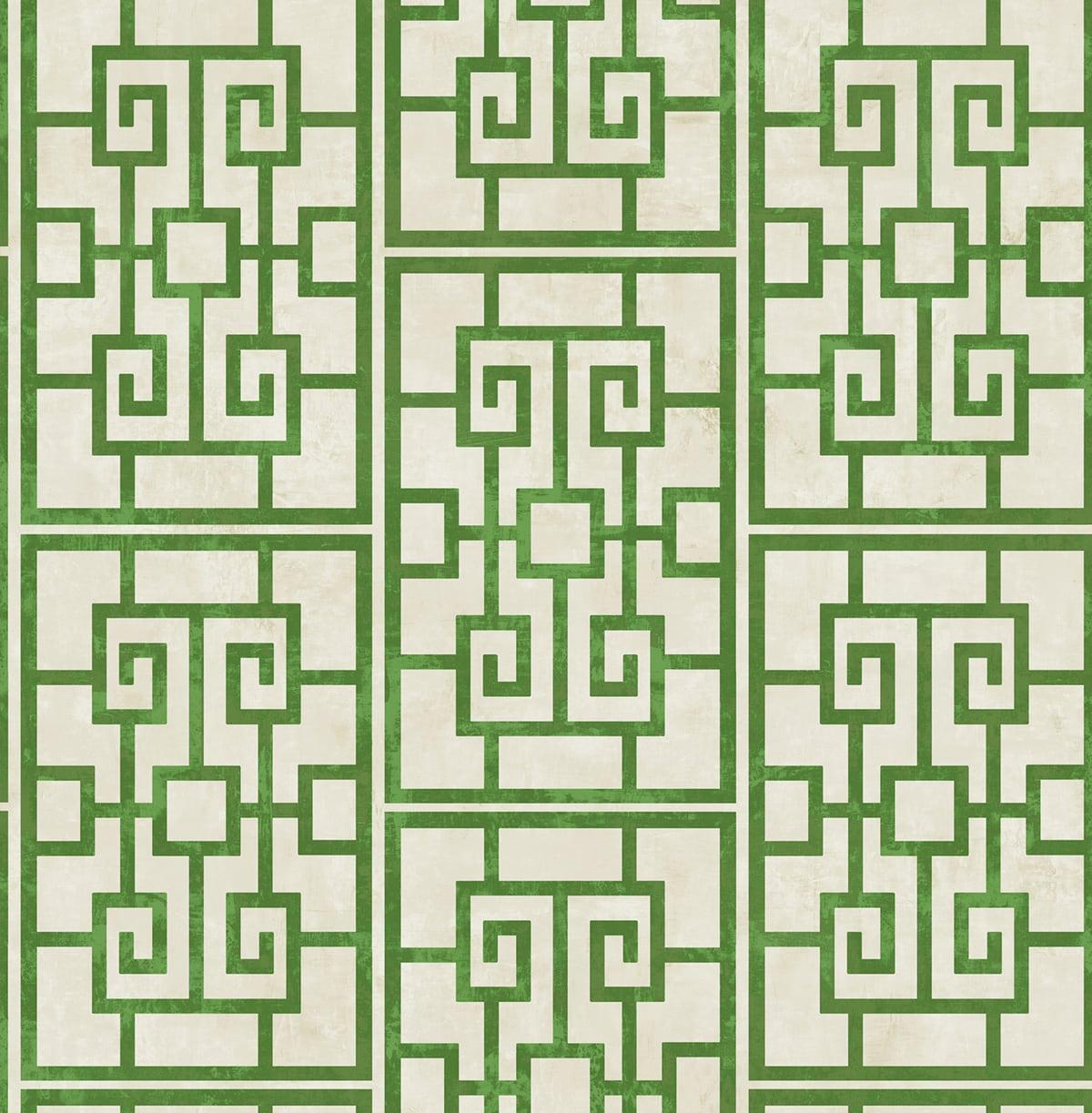 Seabrook Dynasty Lattice Metallic Pearl and Emerald Green Wallpaper