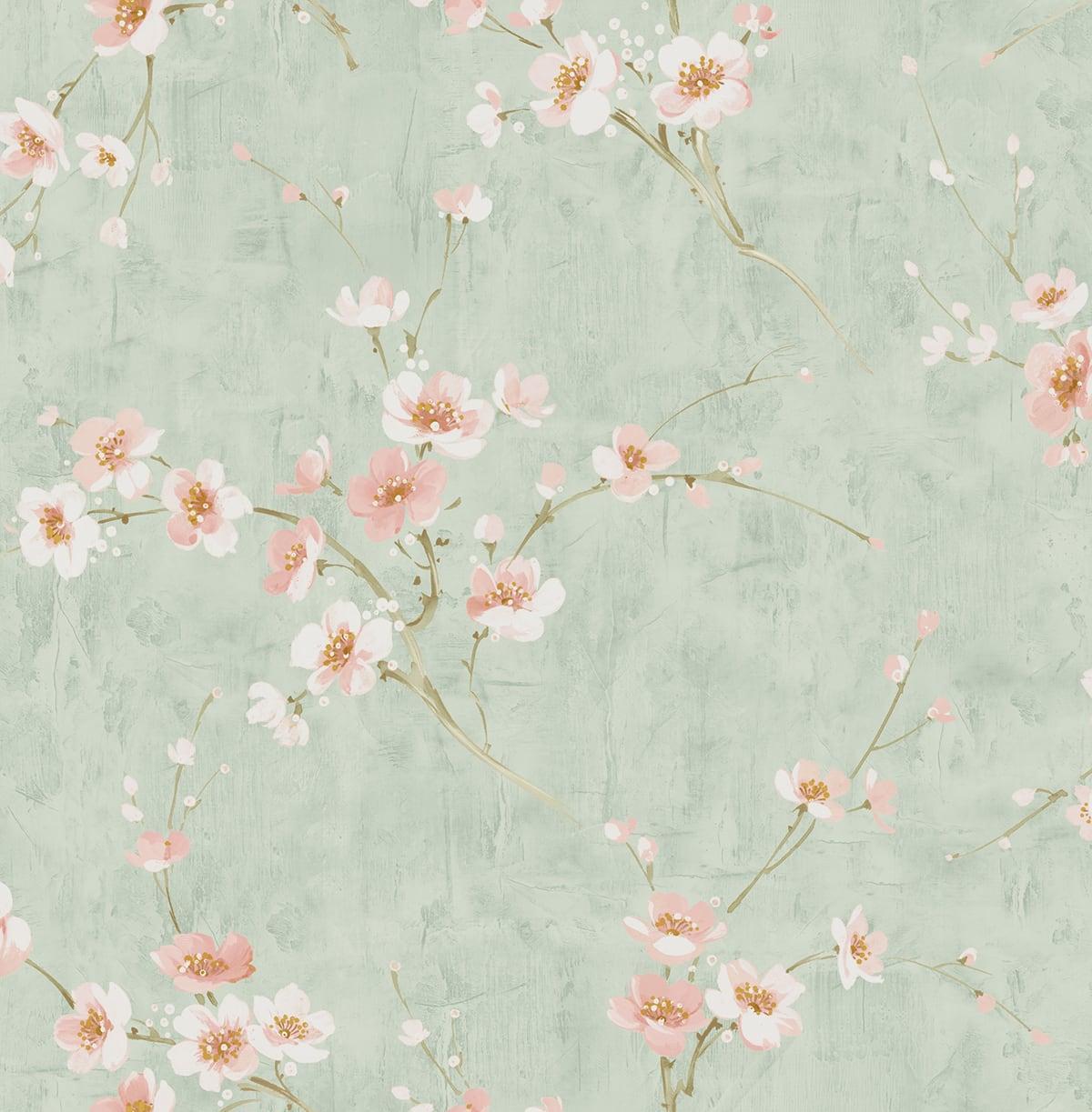 Seabrook Silk Road Dogwood Metallic Mint And Pink Wallpaper by Seabrook