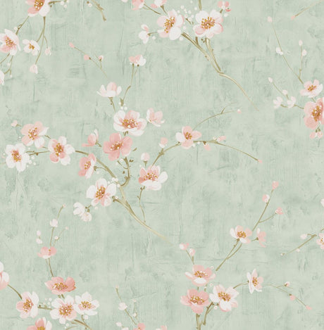 Seabrook Silk Road Dogwood Metallic Mint and Pink Wallpaper