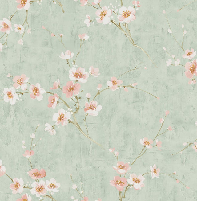 Seabrook Silk Road Dogwood Metallic Mint and Pink Wallpaper