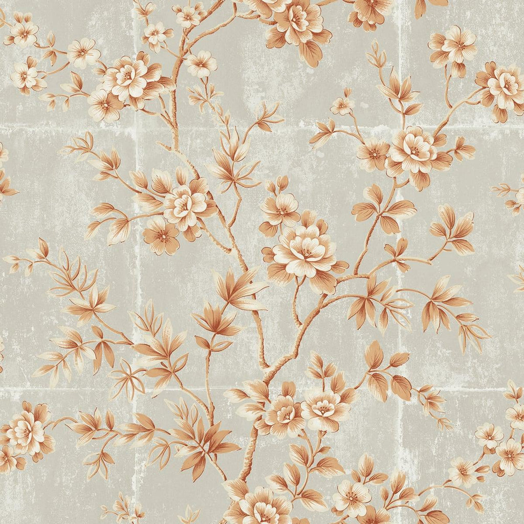 Seabrook Great Wall Floral Metallic Orange and Gray Wallpaper