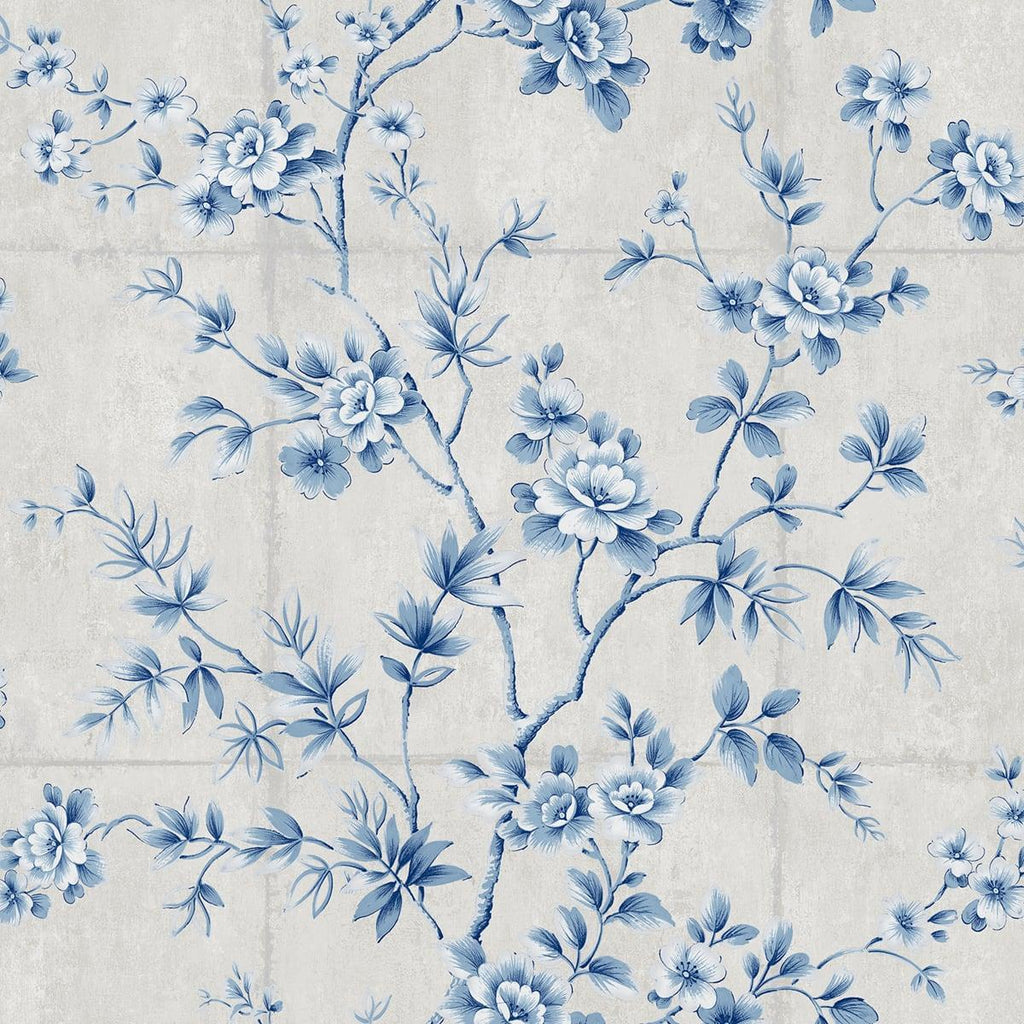 Seabrook Great Wall Floral Metallic Silver and Sky Blue Wallpaper