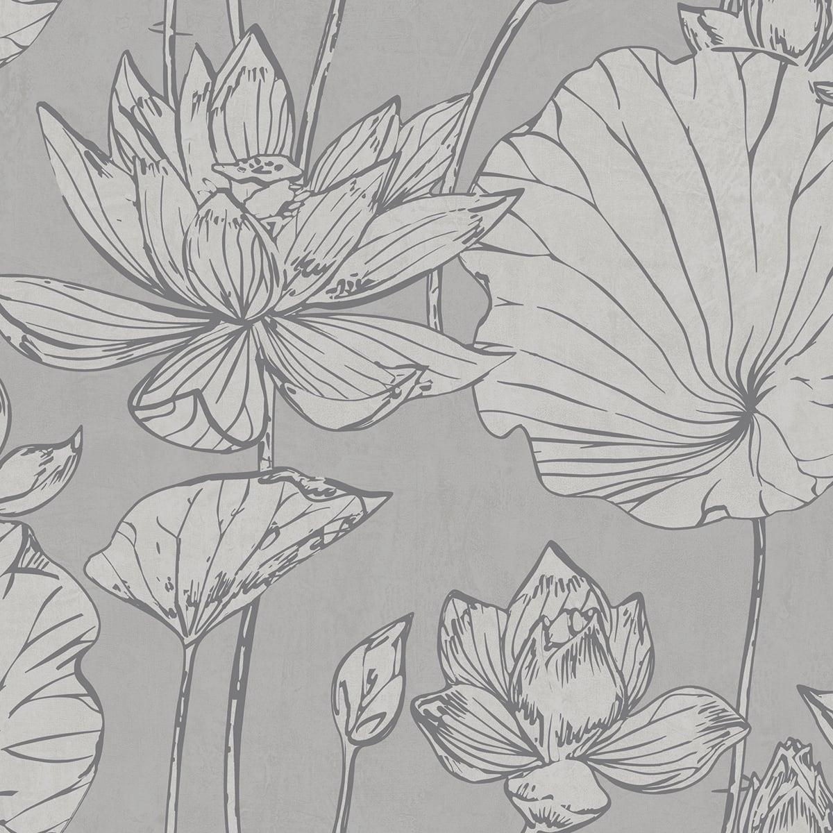 Seabrook Lotus Floral Metallic Silver and Gray Wallpaper