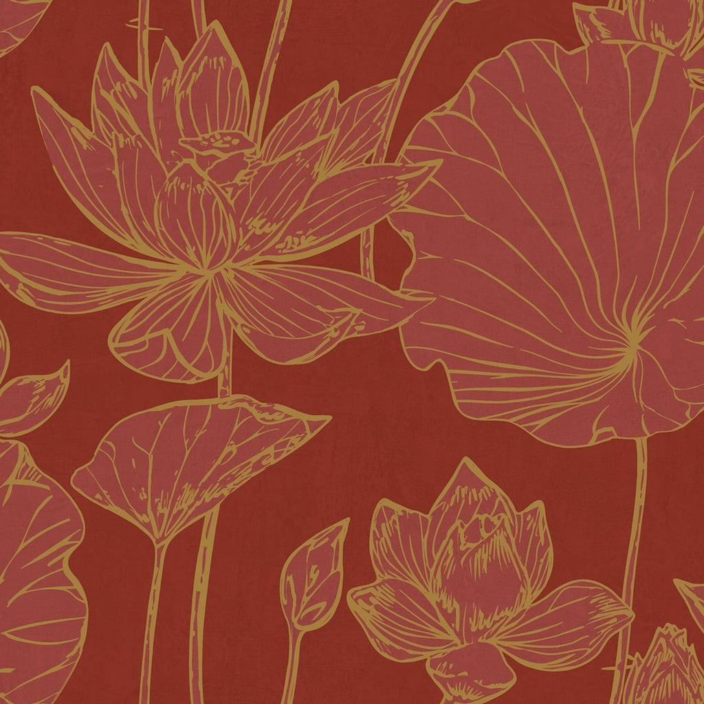 Seabrook Lotus Floral Metallic Gold and Crimson Wallpaper