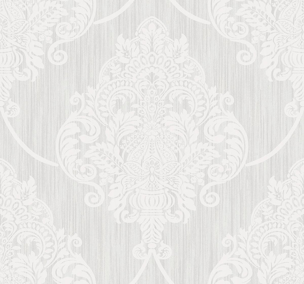 Seabrook Puff Damask Silver Glitter and Off-White Wallpaper