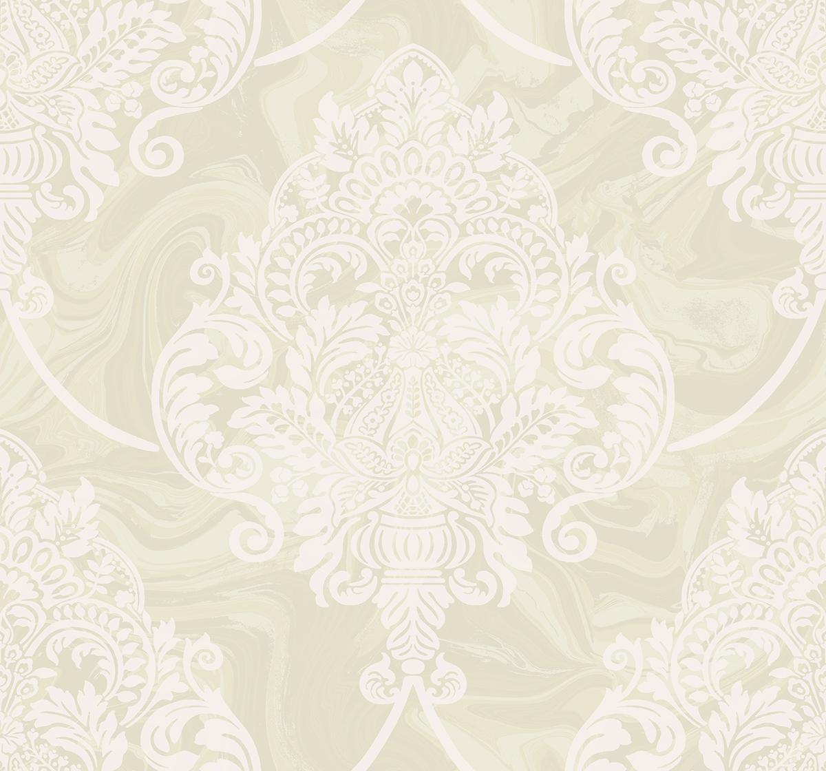 Seabrook Puff Damask Metallic and Off-White Wallpaper