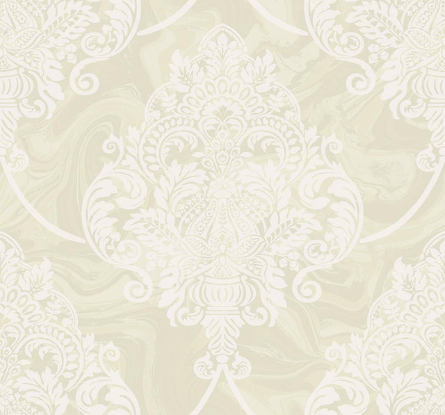 Seabrook Puff Damask Metallic and Off-White Wallpaper