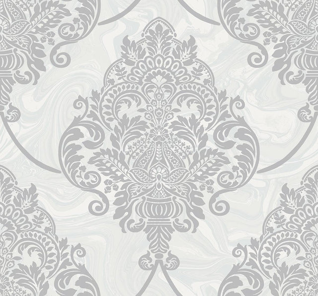 Seabrook Puff Damask Silver Glitter and Pearl Wallpaper