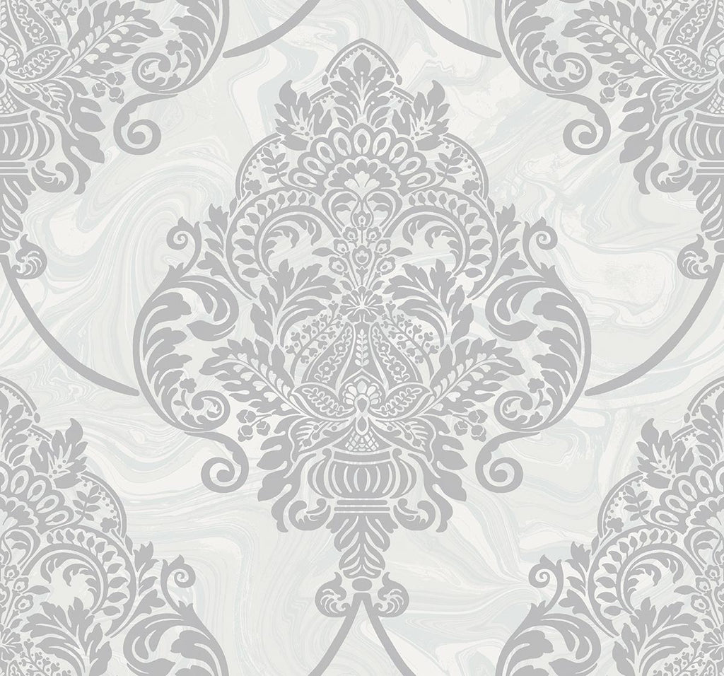 Seabrook Puff Damask Silver Glitter and Pearl Wallpaper
