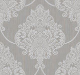 Seabrook Puff Damask Metallic Silver Glitter and Tan Wallpaper