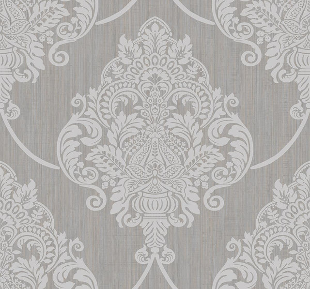 Seabrook Puff Damask Metallic Silver Glitter and Tan Wallpaper