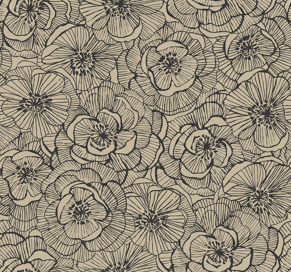 Seabrook Graphic Floral Gold Glitter and Ebony Wallpaper